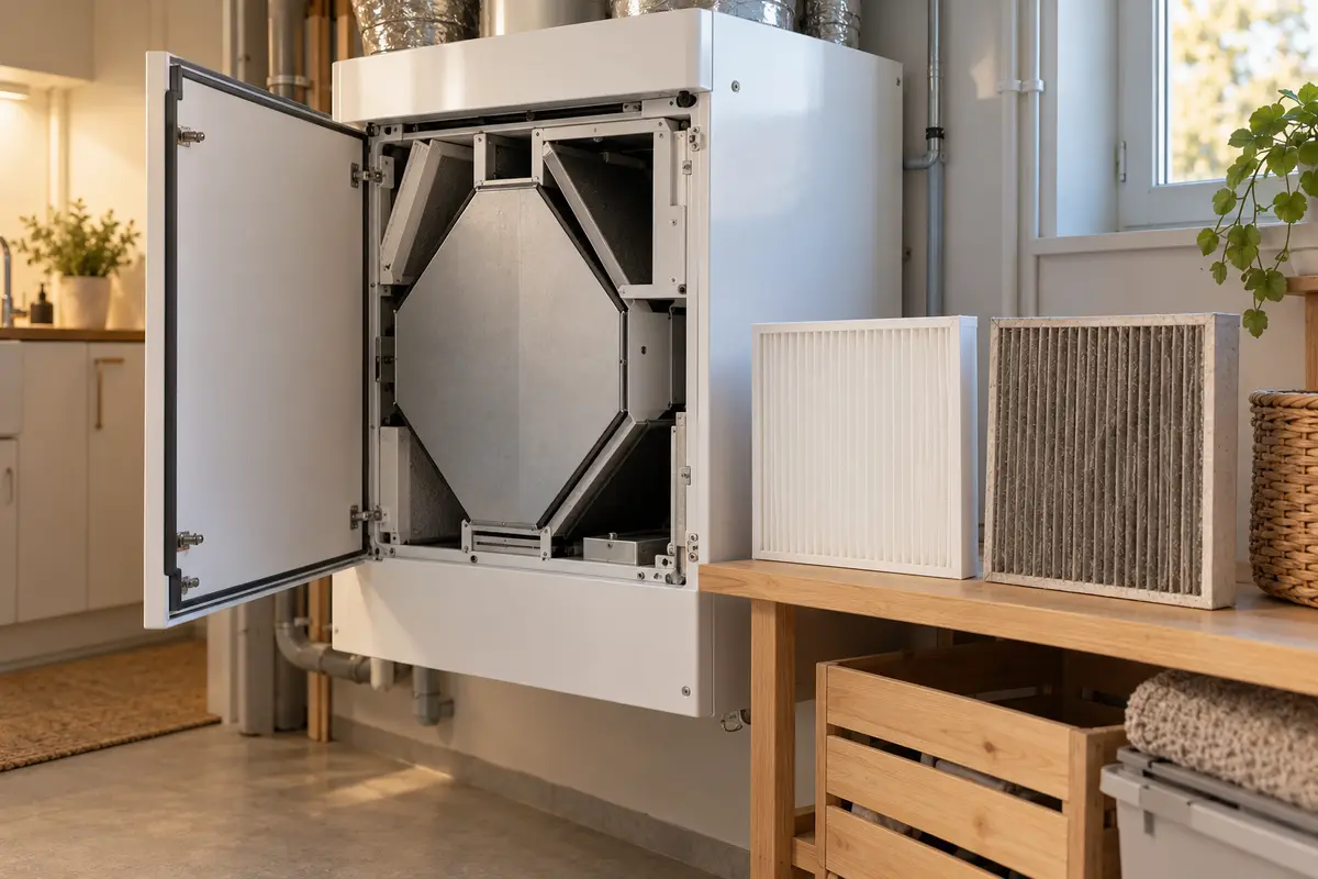 Ett ventilationsaggregat med öppen lucka, och ett nytt vitt filter bredvid ett grått använt.