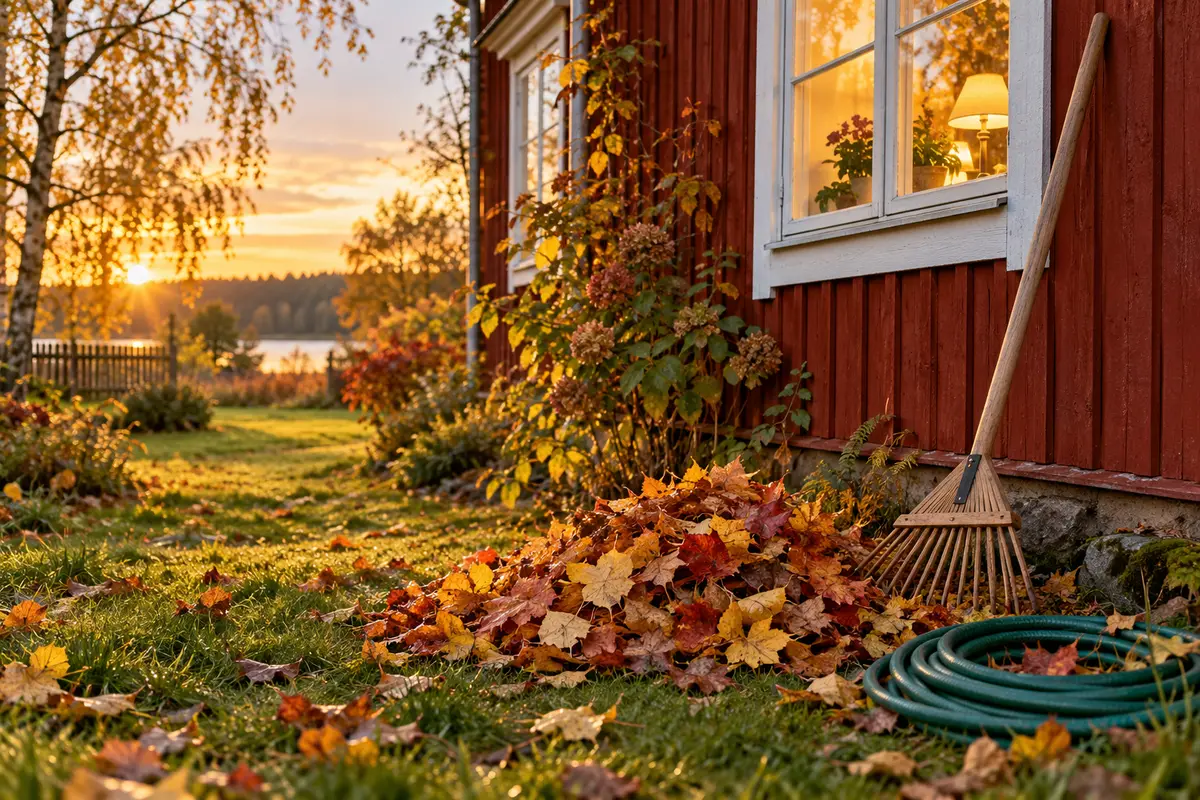 En räfsa mot en röd husvägg, en hög höstlöv och en ihoprullad slang i kvällssol.