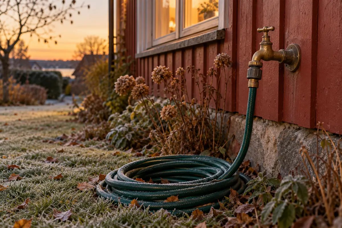 En utekran på en röd husvägg och en ihoprullad slang i gräs med frost.