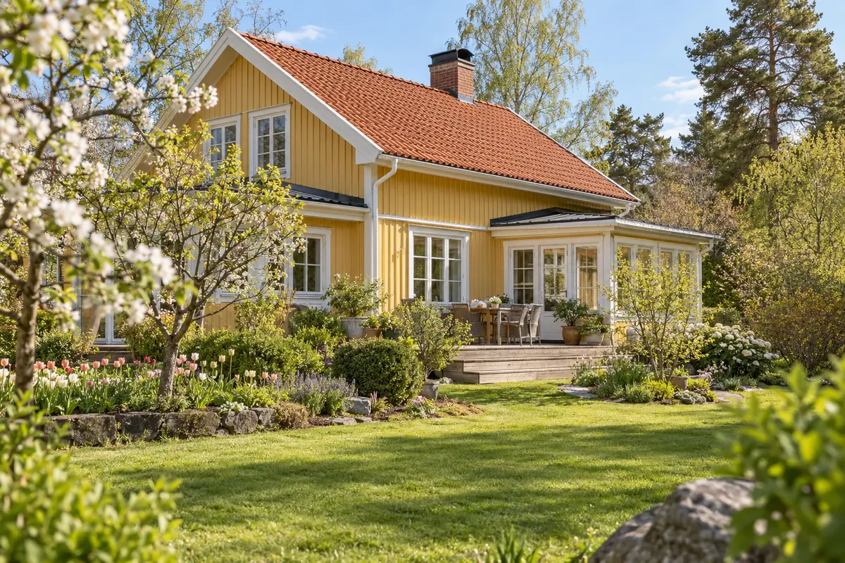 En gul villa med tegeltak och en blommande trädgård en vårmorgon.